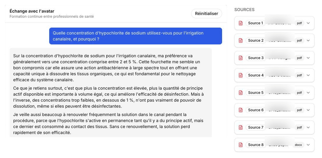 Capture d'un échange réel avec l'avatar d'un expert : une question de méthode sur l'irrigation canalaire, la réponse et ses 8 sources.